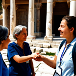 A professional female tour guide, fully clothed in modest and appropriate professional attire, stands with a small, diverse group of tourists at the ancient city of Ephesus in Turkey. She is actively engaging the group with expressive storytelling, pointing towards the grand ruins of the Celsus Library. The tourists are captivated, listening intently and forming a connection with the history. The scene is bathed in soft, natural daylight, capturing an authentic and immersive experience. safe for work, appropriate content, fully clothed, professional, perfect anatomy, correct proportions, natural pose, well-formed hands, proper finger count, natural body proportions, high quality, professional photography.